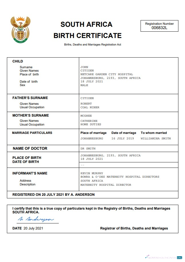 Download South Africa vital record birth certificate Word and PDF template Photoshop template
